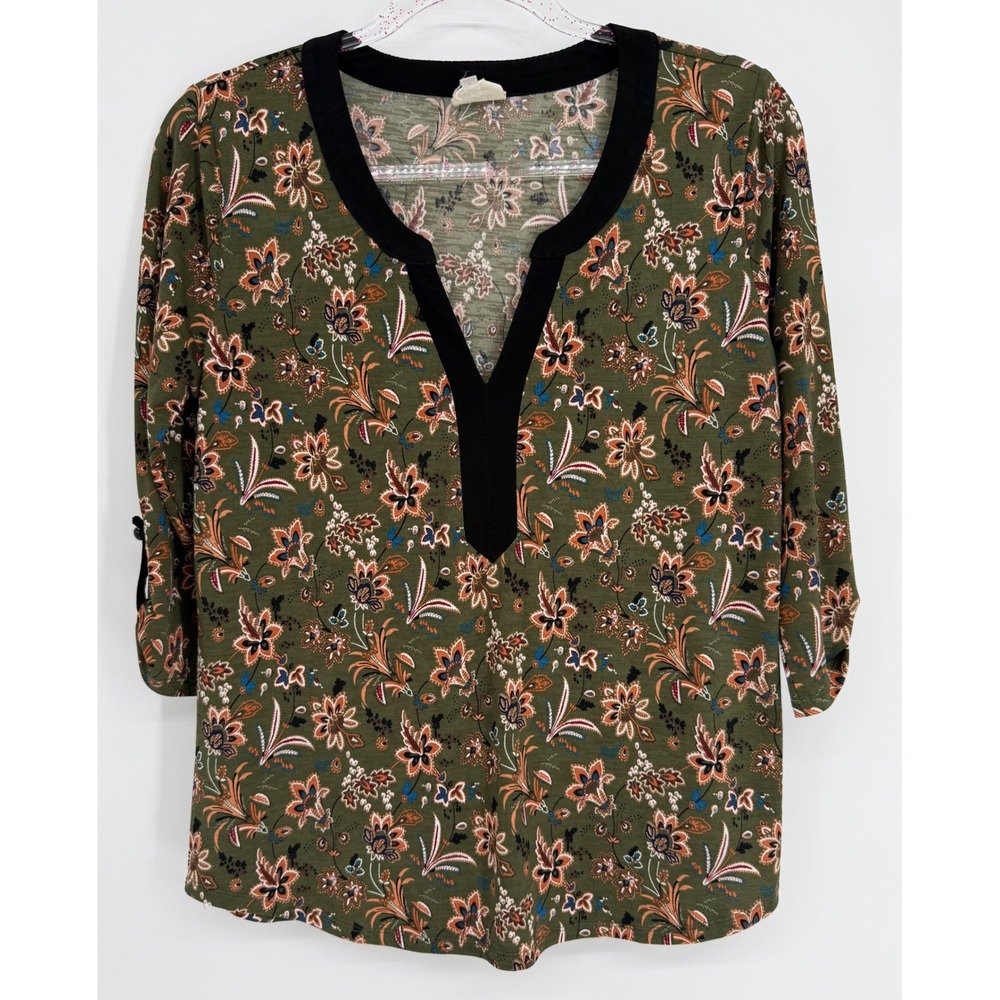 Late August Womens Olive Green Floral Split Neck 3/4 Roll Tab Sleeve Top Sz S